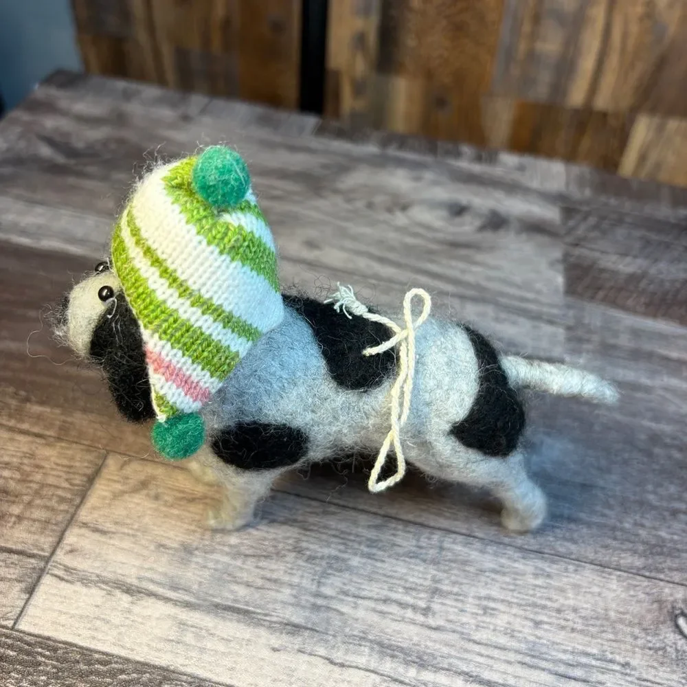 Felted wool Dog Figurine with Green and White Knit Hat